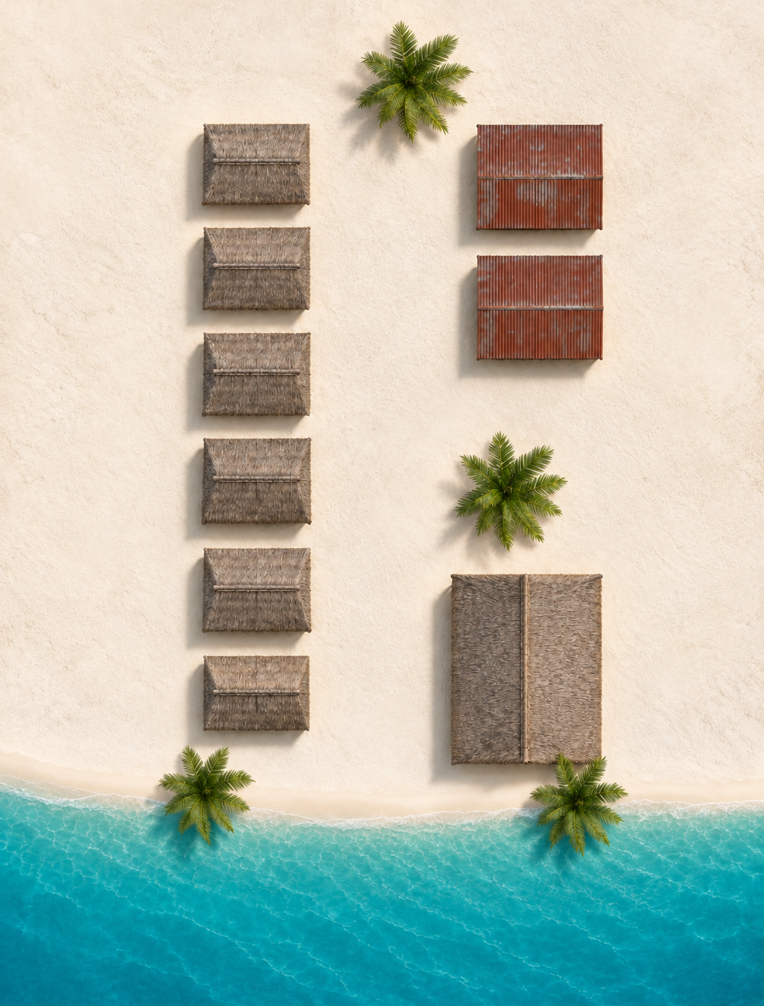 Property map showing six beach bungalows along the left, two beach studios at the upper right and one beach house at the lower right, beside the beach.