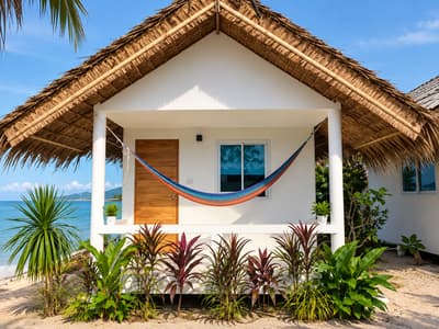 White thatched beachfront bungalow with a colourful hammock and tropical plants beside the sea