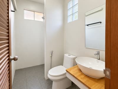 Beach studio bathroom with a shower, toilet and white washbasin on a wooden counter