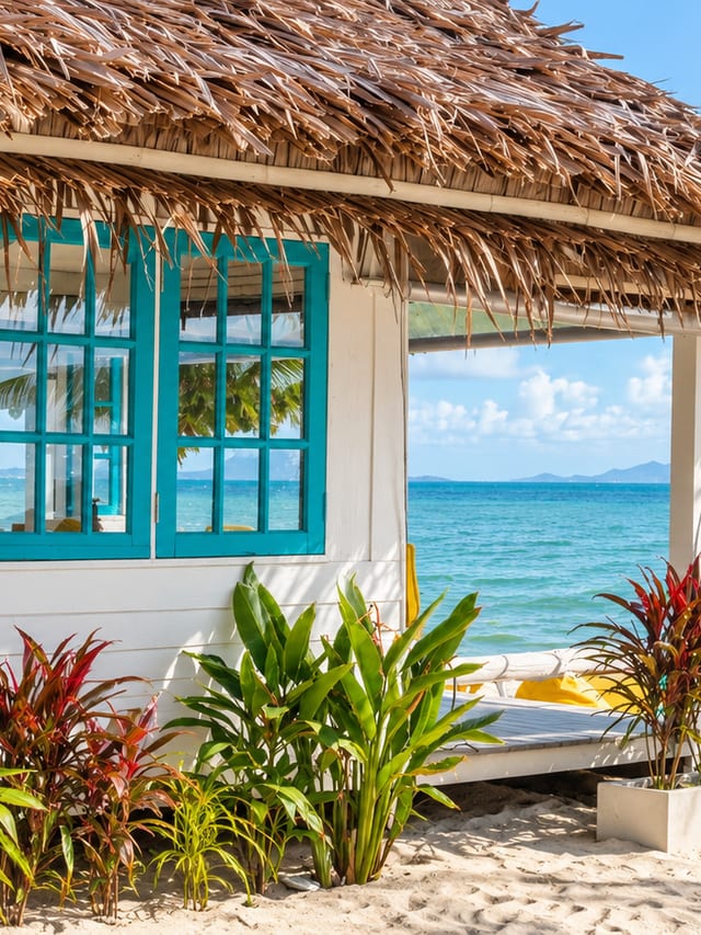 White thatched bungalow with turquoise windows beside the beach and sea