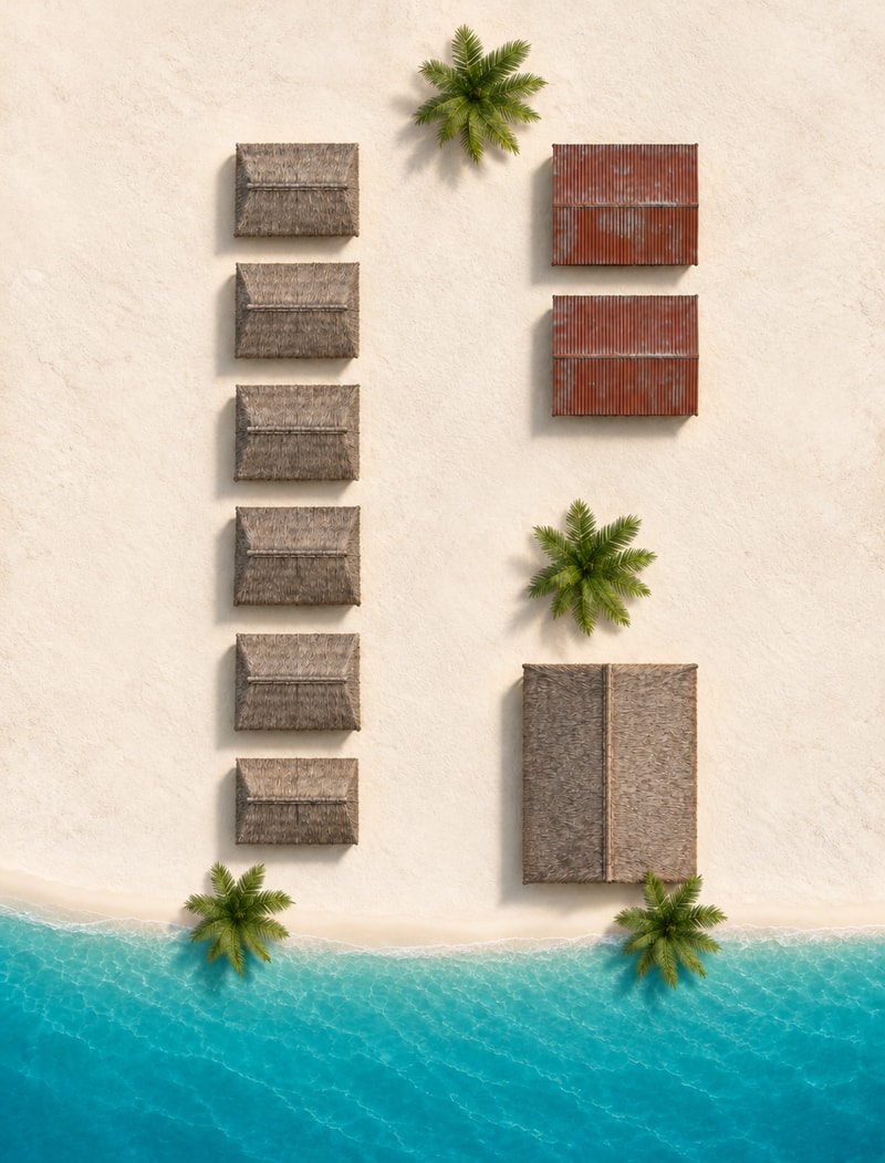 Property map showing six beach bungalows along the left, two beach studios at the upper right and one beach house at the lower right, beside the beach.